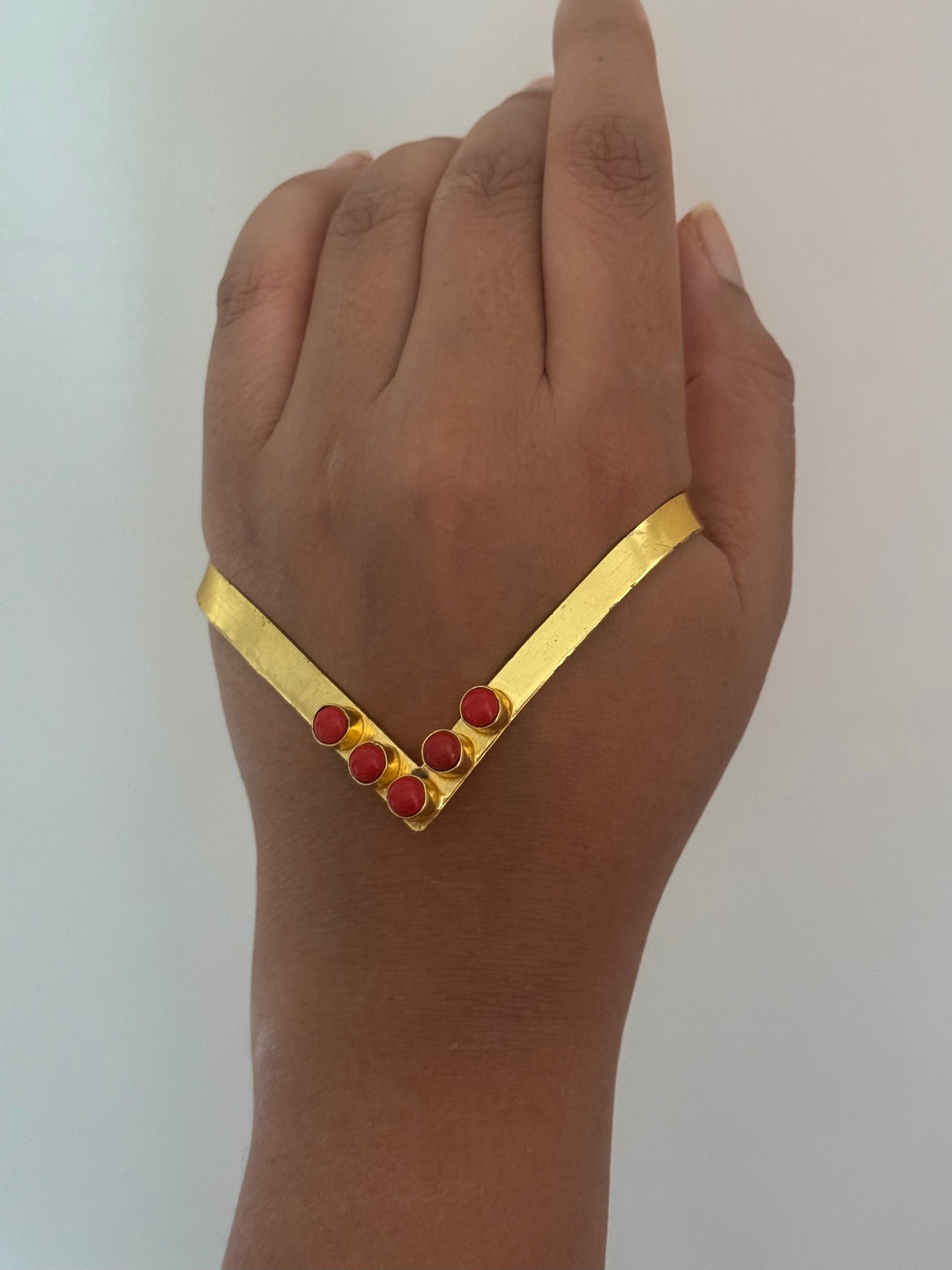 SHIVKA Coral Hand Harness | Brass Gold Polish | Natural Coral Stone | Handcrafted | 14g