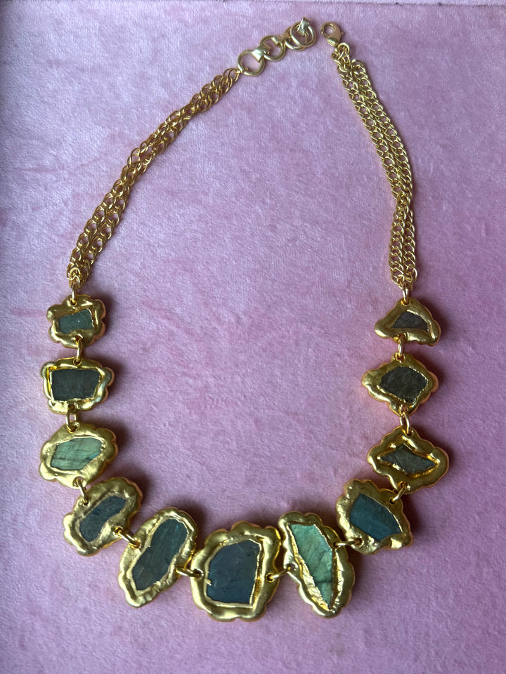Handmade Raw Labradorite Gold Embedded Necklace | Adjustable Lobster Claw Brass Statement Jewelry