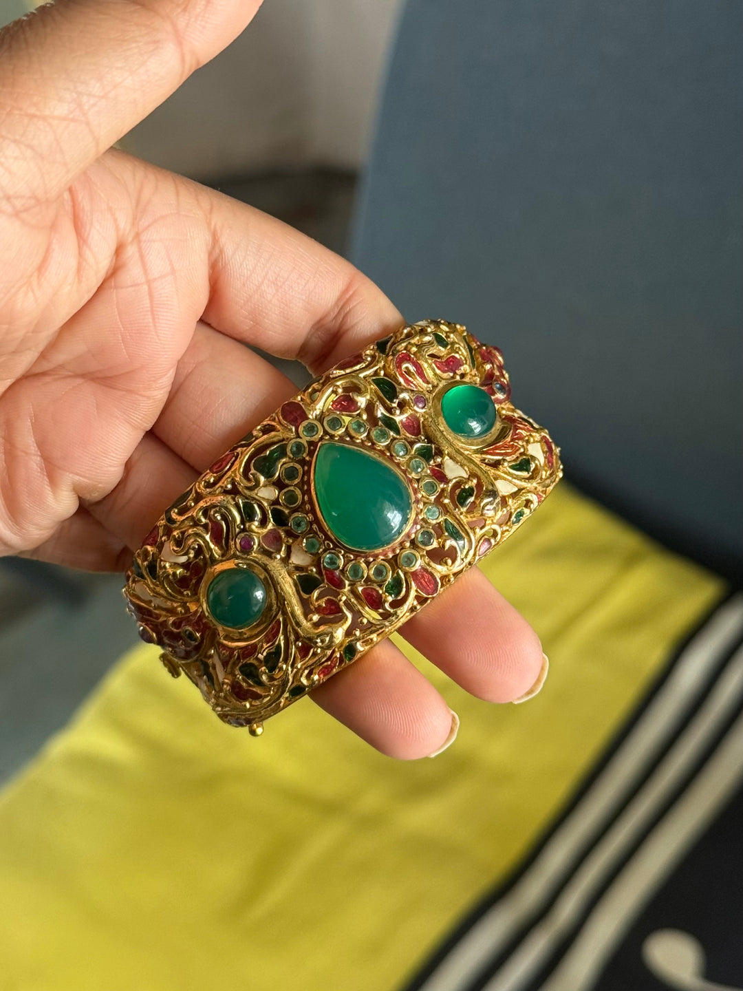 925 Silver Green Onyx Kada by SHIVKA, Gold Plated Bikaner Artisanal Enamel Bangle