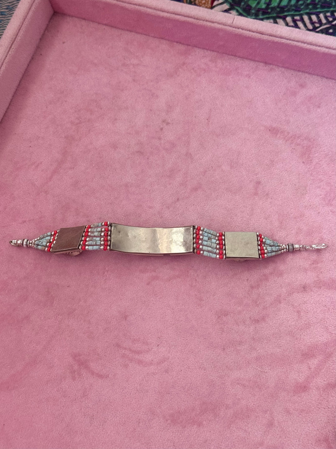 Handcrafted Turquoise and Coral German Silver Bracelet, Indian Jewelry