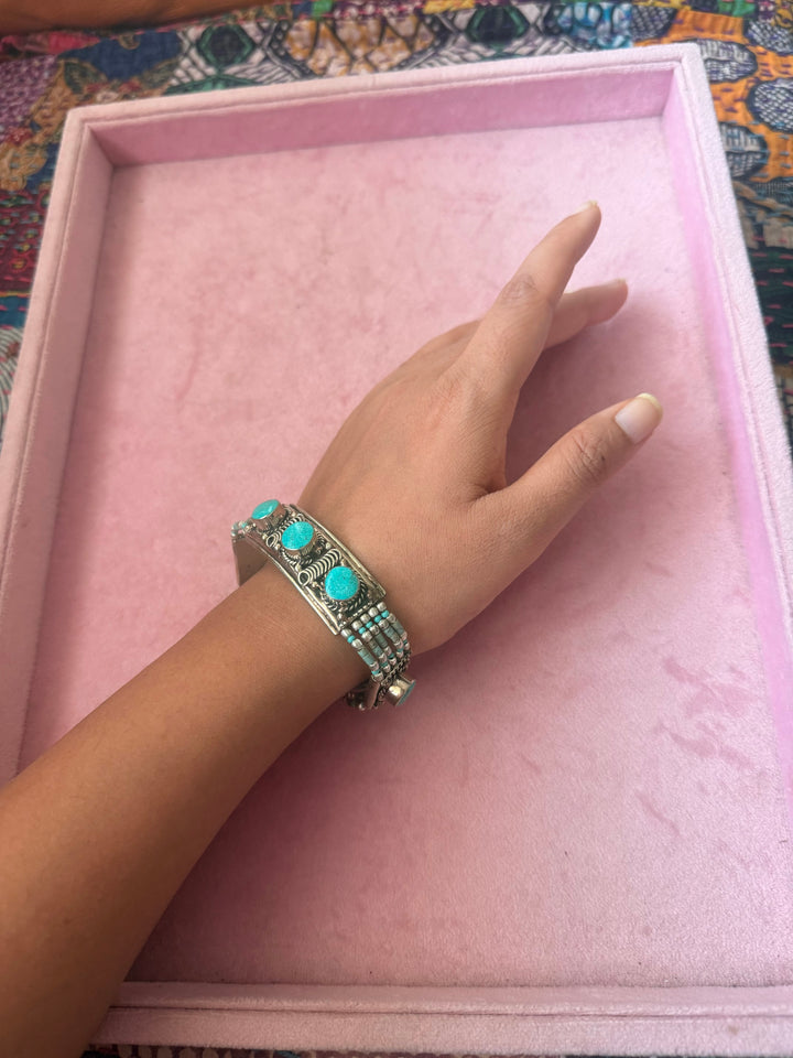 Handcrafted Turquoise German Silver Bracelet, Indian Jewelry