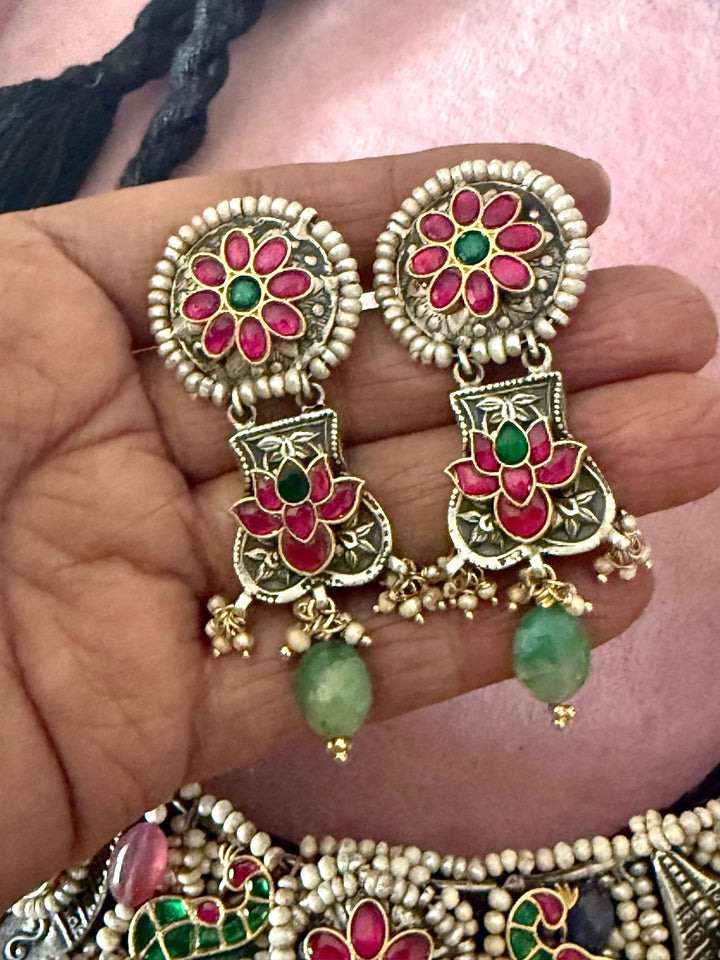 Handmade 925 Silver Nakhra Gemstone Necklace Set | SHIVKA