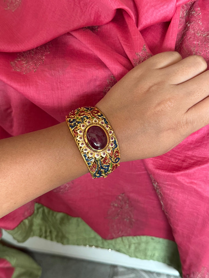 925 Silver Natural Ruby Oval Stone Kada by SHIVKA, Gold Plated Bikaner Artisanal Enamel Bangle