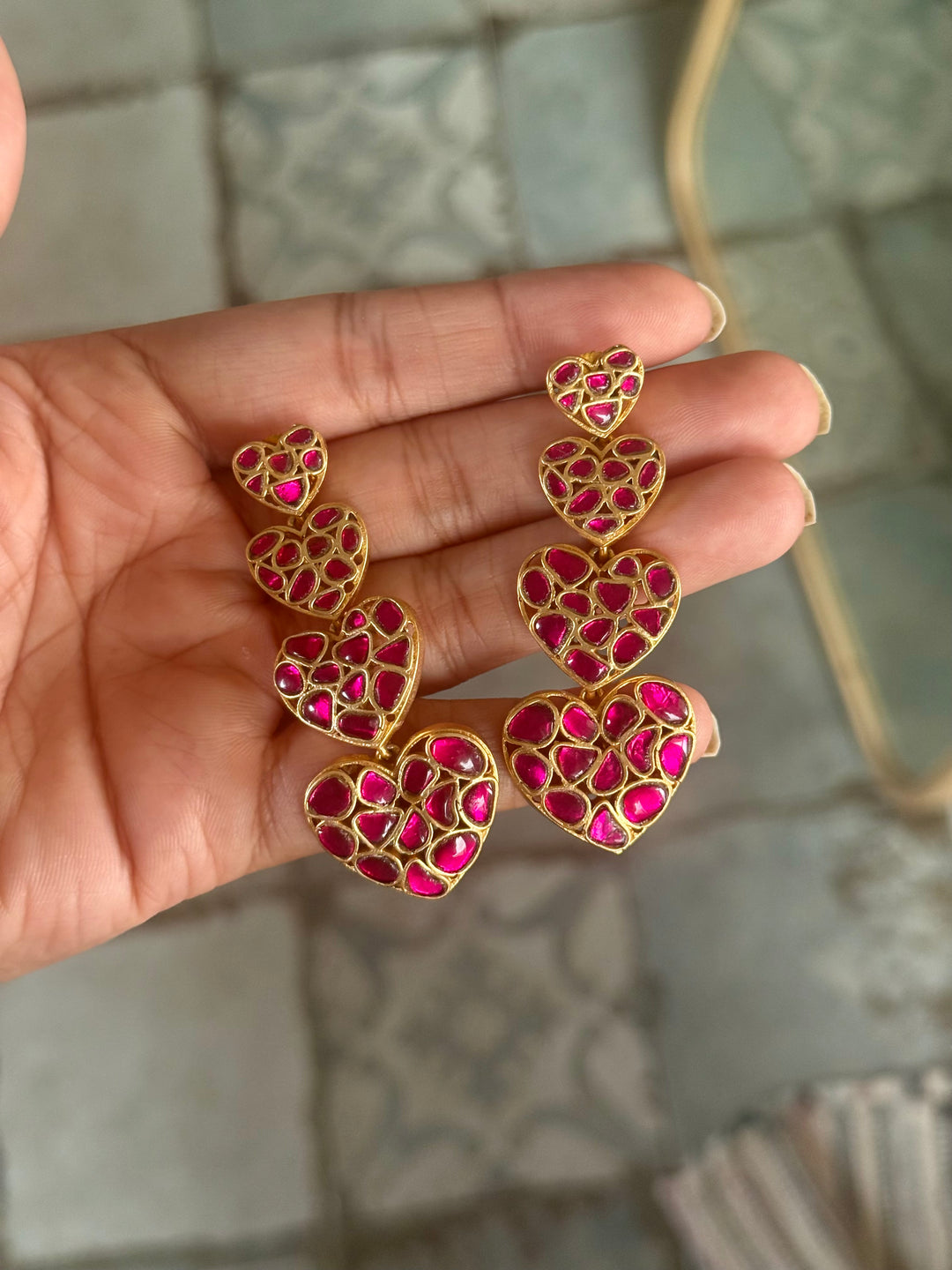 Handmade Jadau Heart Earrings | Gold Polish | SHIVKA