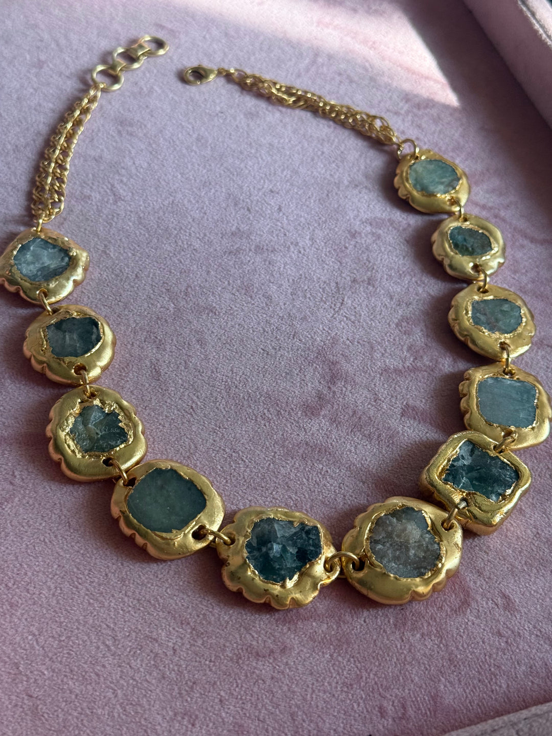 Handmade Raw Stone Gold Embedded Necklace | Adjustable Lobster Claw Brass Statement Jewelry