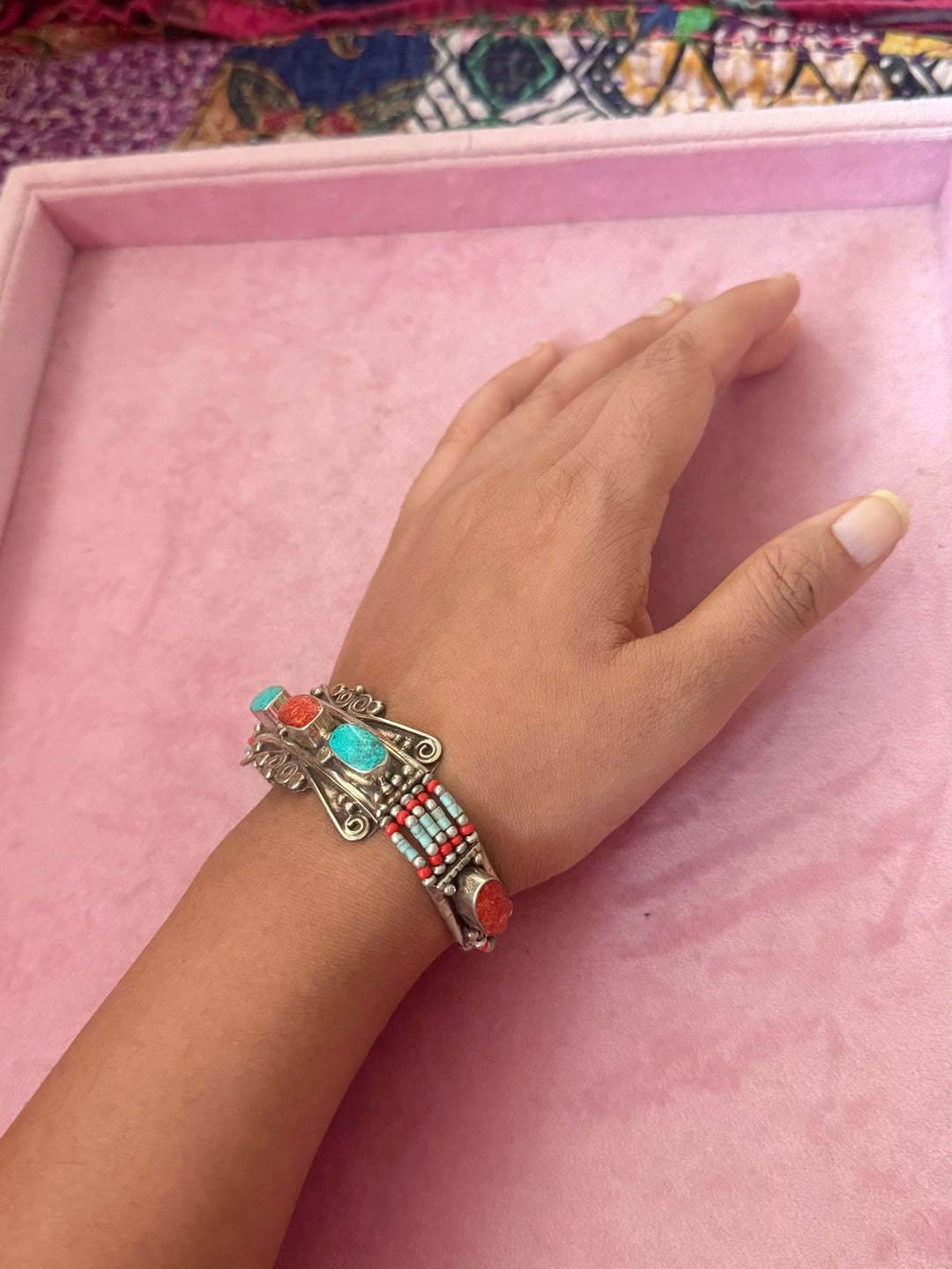 Handcrafted Turquoise and Coral German Silver Bracelet, Indian Jewelry