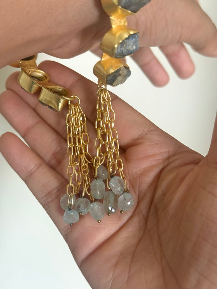 SHIVKA Designer Brass Tassel Cuff | Raw Druzy Chalcedony Stones | Gold Polish | 72g