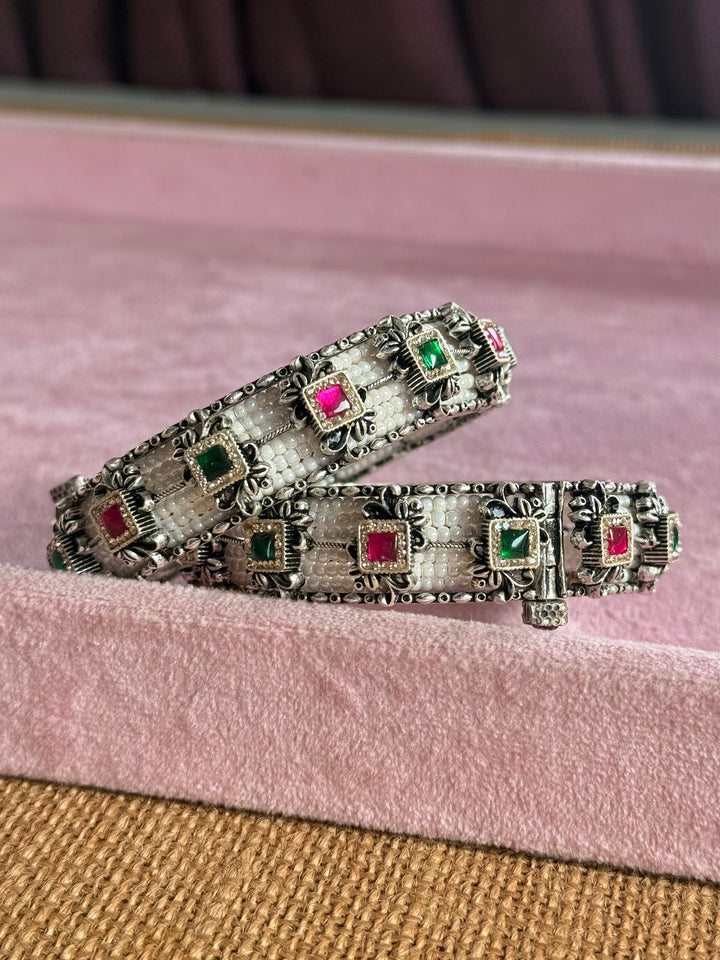 SHIVKA SAANJ 925 Silver Fusion Bangles | Set of 2 | CZ Stones | Artisan Crafted | 94g