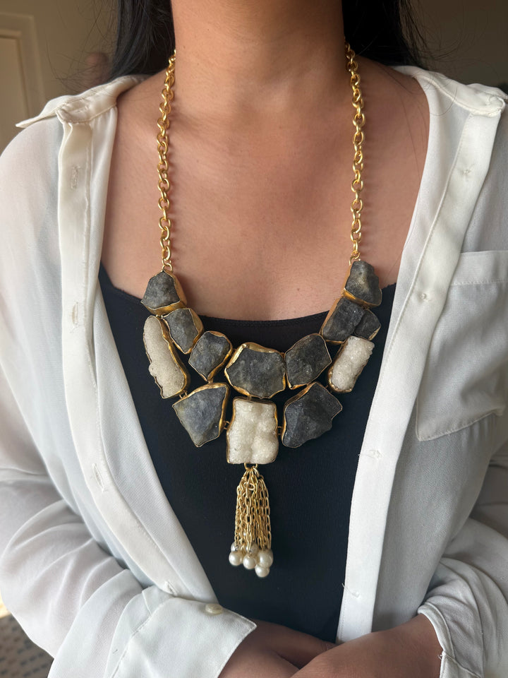 Handmade Raw Quartz & Pearl Necklace | Gold Polish Brass Adjustable Statement Jewelry