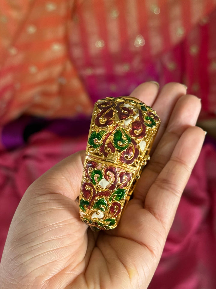 SHIVKA 925 Silver Meenakari Kada | Natural Topaz Stone | Gold Plated | Openable | 60g