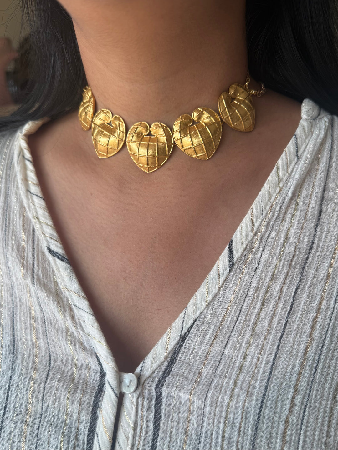 Handmade Heart Statement Choker Necklace | Gold Polish Brass Adjustable Lobster Claw Jewelry