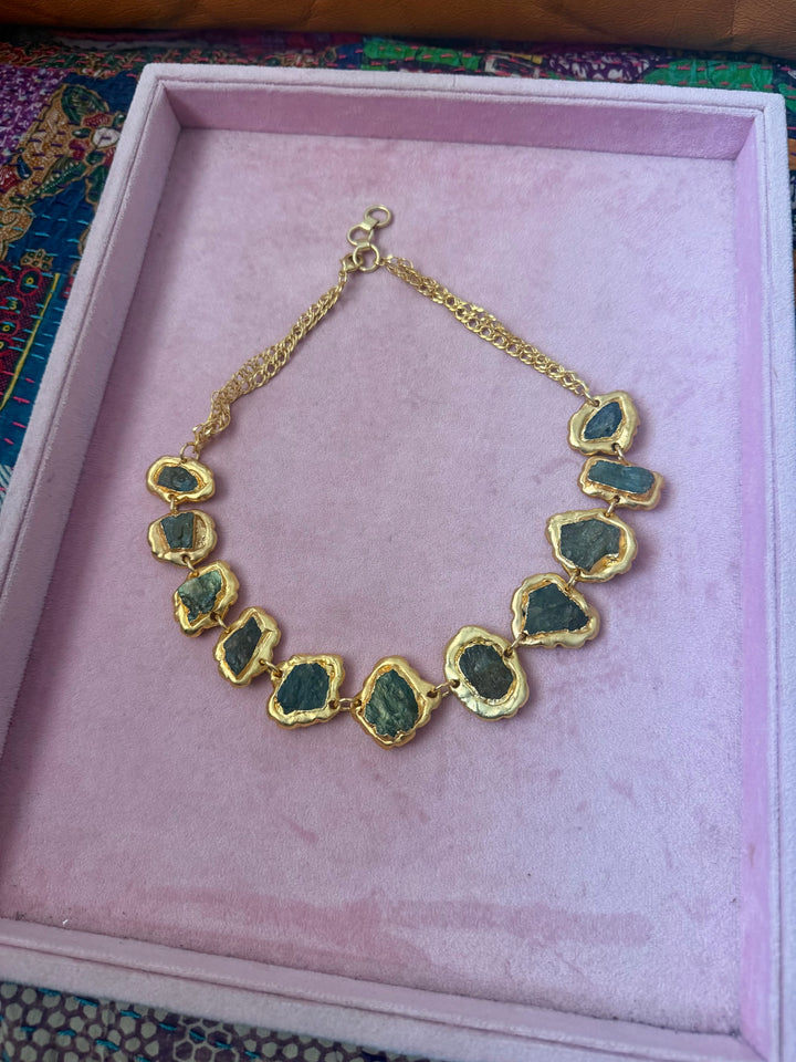 Handmade Natural Stones Gold Embedded Necklace | Adjustable Lobster Claw Brass Statement Jewelry