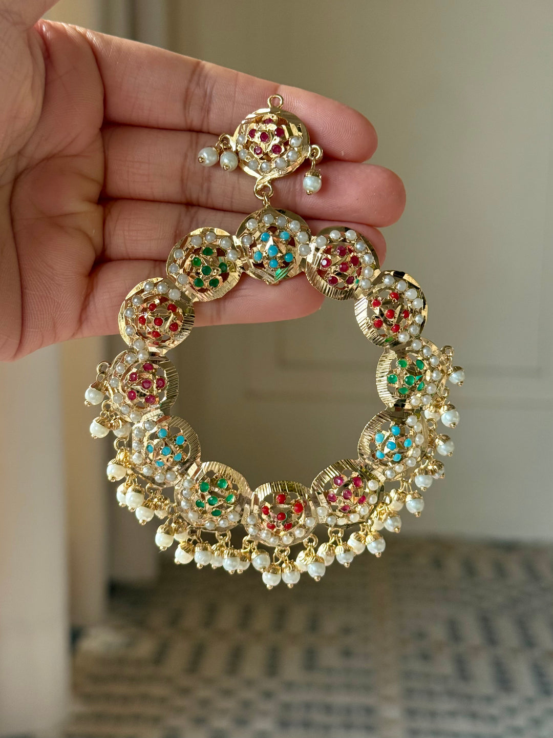 Statement Jadau Chandbaalis | 18k Gold Plated | Copper & Semi-Precious Stones