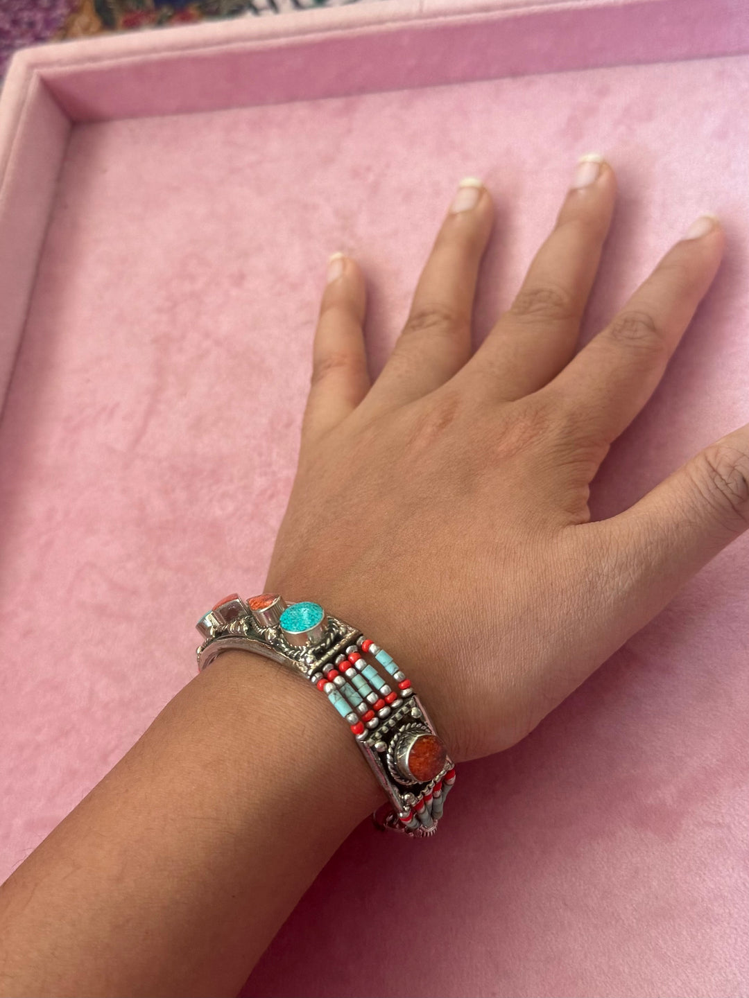 Handcrafted Turquoise and Coral German Silver Bracelet, Indian Jewelry