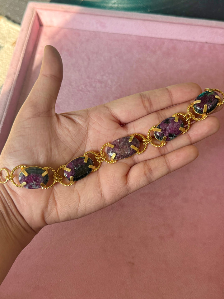 Natural Ruby-in-Zoisite Gemstone Choker – Gold Brass, Adjustable Necklace