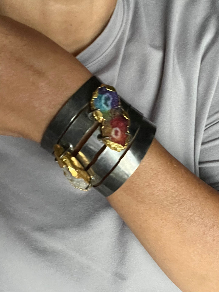 SHIVKA Designer Brass Quartz Cuff | Black Rhodium Polish | Natural Stones | Adjustable | 65g