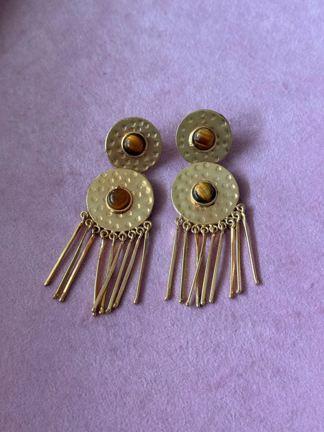 Handmade Brass Tiger Eye Statement Earrings | SHIVKA Jewelry