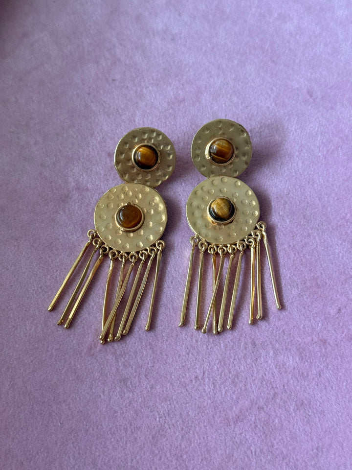 Handmade Brass Tiger Eye Statement Earrings | SHIVKA Jewelry