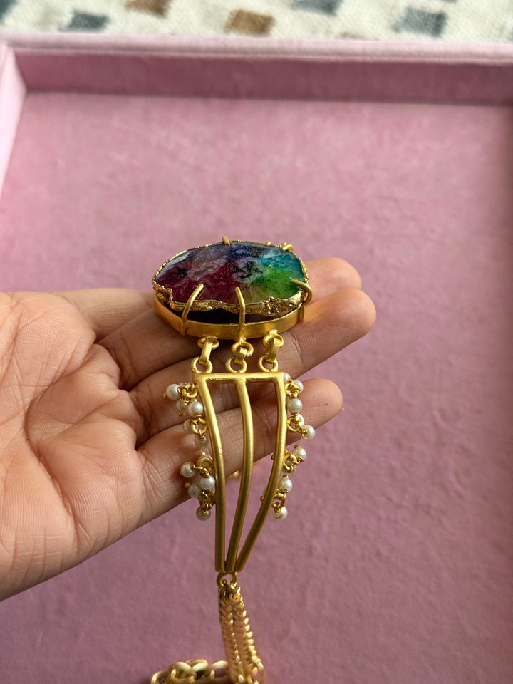 Handmade Natural Rainbow Stone Statement Choker | Brass Adjustable Lobster Claw Jewelry