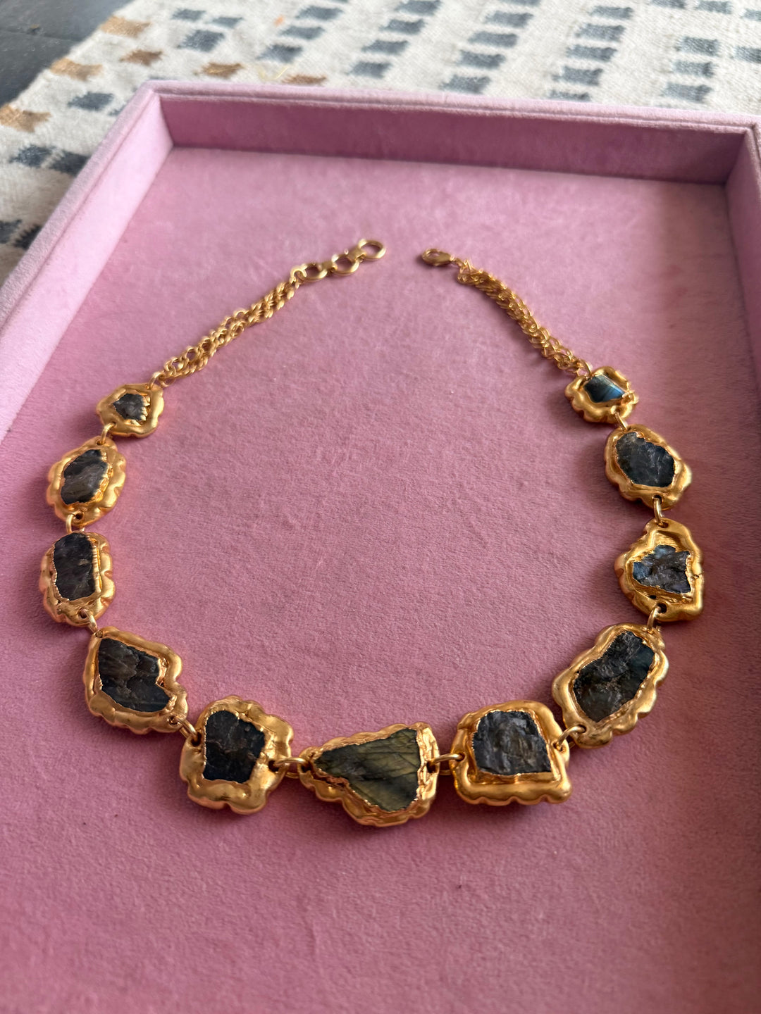 Handmade Raw Labradorite Gold Embedded Necklace | Adjustable Lobster Claw Brass Statement Jewelry