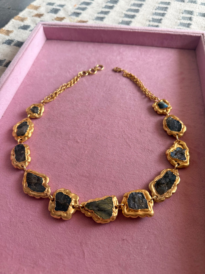 Handmade Raw Labradorite Gold Embedded Necklace | Adjustable Lobster Claw Brass Statement Jewelry