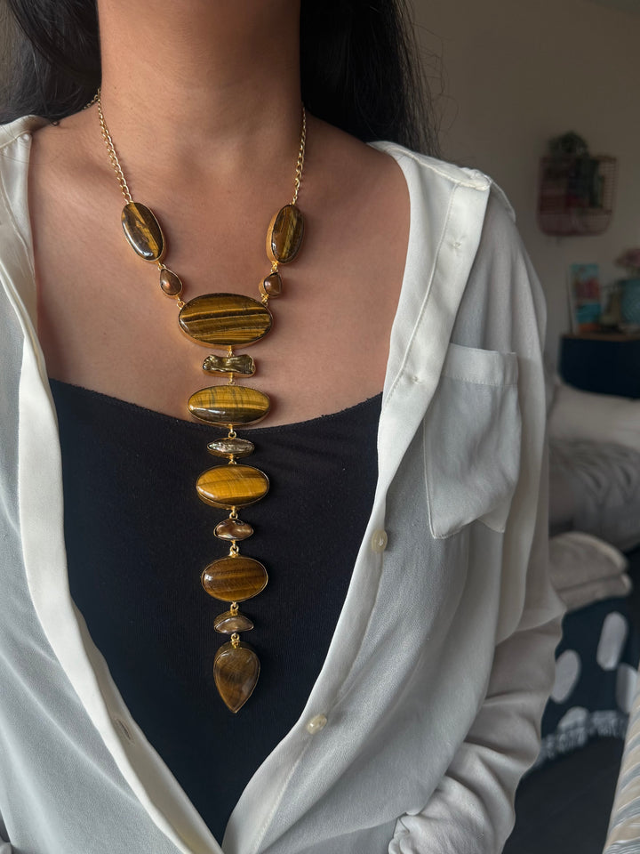 Handmade Raw Tiger Eye Stone Tie Necklace | Gold Polish Brass Adjustable Hook Closure Statement Jewelry