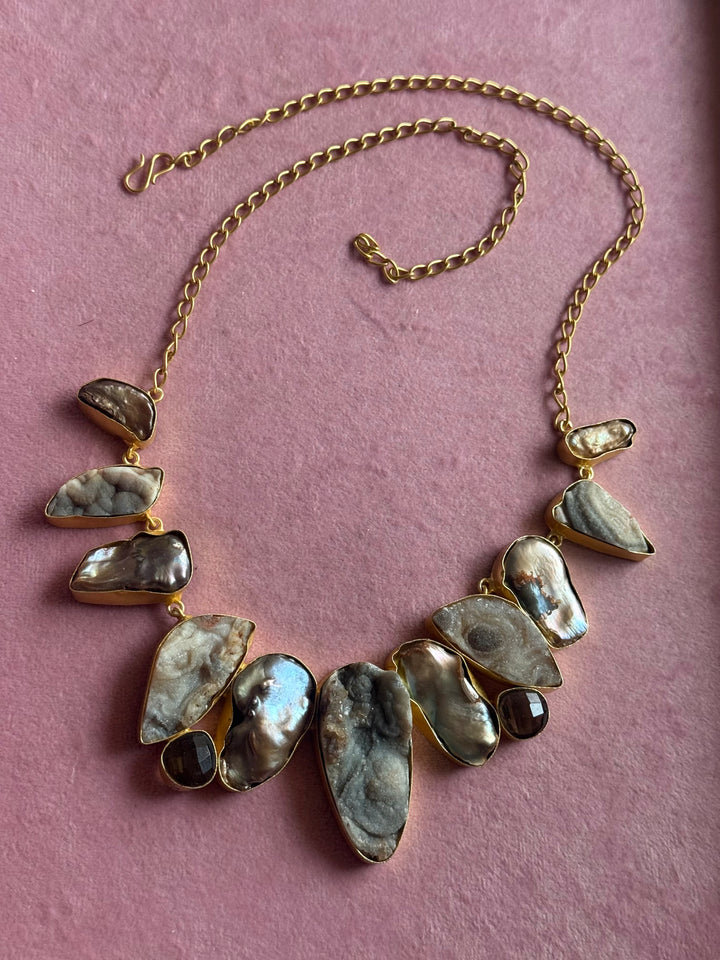 Handmade Raw Stone Necklace | Gold Polish Brass Adjustable Hook Closure Statement Jewelry