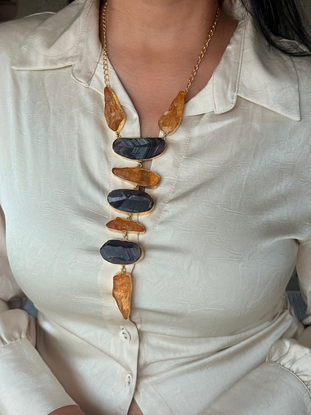 Handmade Brass Amethyst and Citrine Tie Necklace: Modern Adjustable Gemstone Pendant