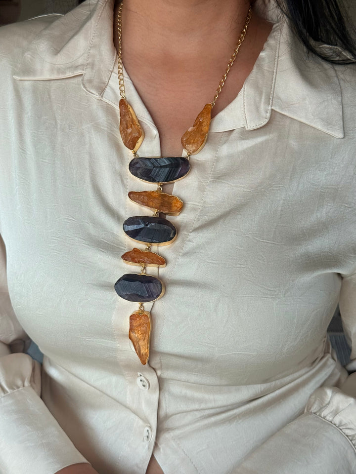 Handmade Brass Amethyst and Citrine Tie Necklace: Modern Adjustable Gemstone Pendant