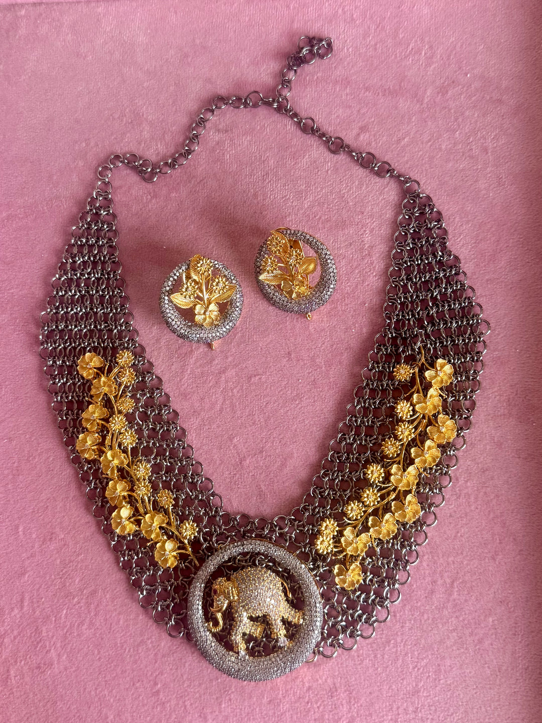 Handmade Elephant Designer Necklace Set | Dual Tone Gold & Black | SHIVKA