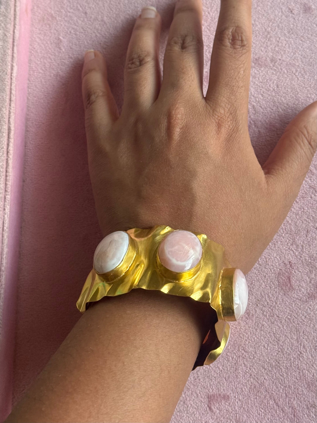 SHIVKA Designer Stone Brass Cuff | Adjustable Open Bracelet | Statement Festive Wear | 45g