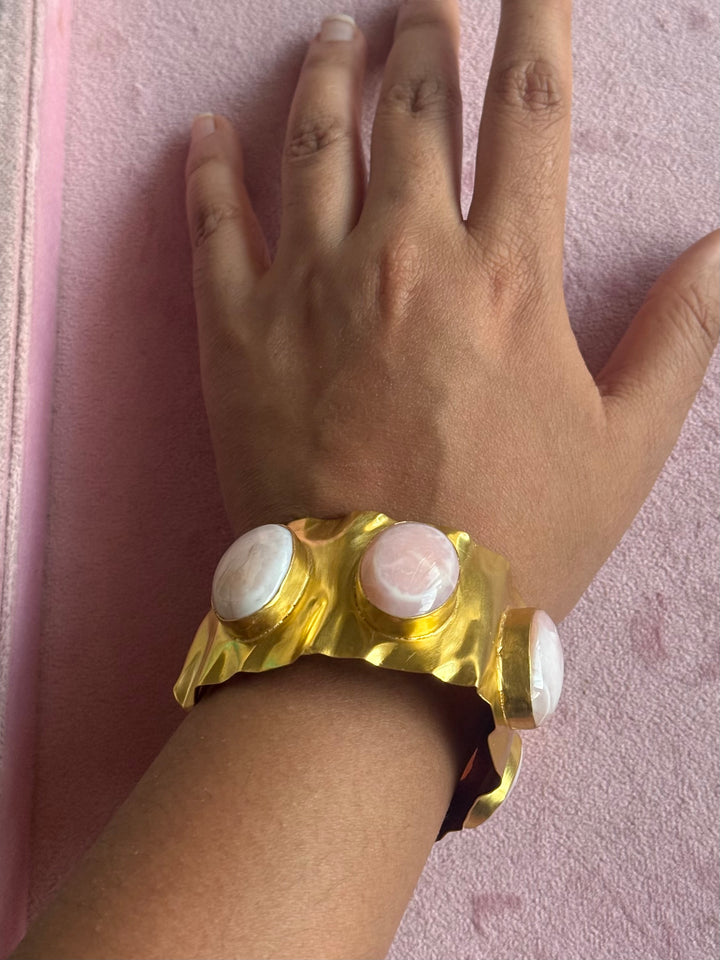 SHIVKA Designer Stone Brass Cuff | Adjustable Open Bracelet | Statement Festive Wear | 45g