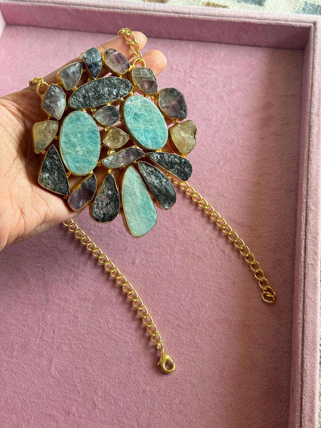 Handmade Natural Gemstones Statement Necklace | Brass Adjustable Lobster Claw Jewelry