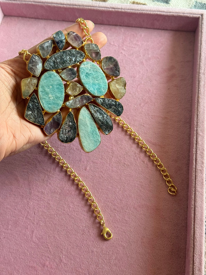 Handmade Natural Gemstones Statement Necklace | Brass Adjustable Lobster Claw Jewelry