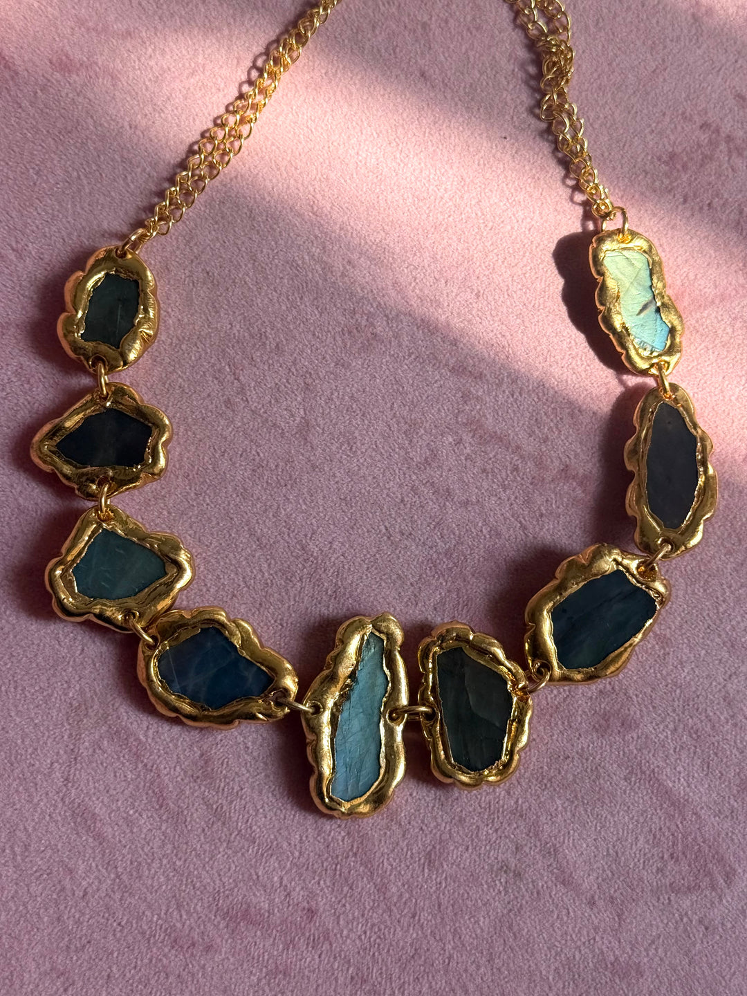 Handmade Raw Stone Gold Embedded Necklace | Adjustable Lobster Claw Brass Statement Jewelry