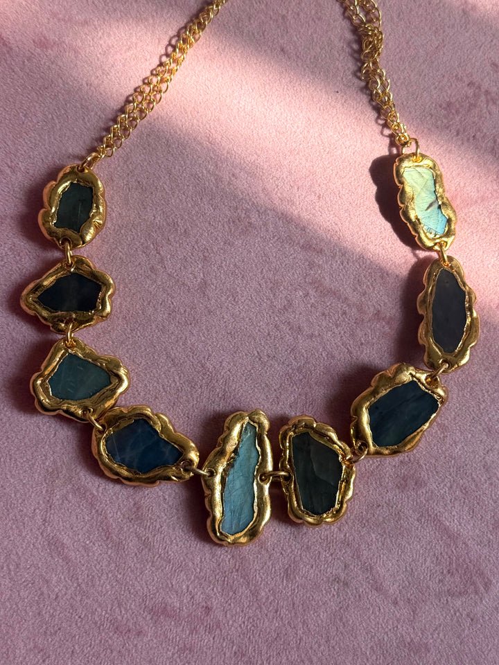 Handmade Raw Stone Gold Embedded Necklace | Adjustable Lobster Claw Brass Statement Jewelry