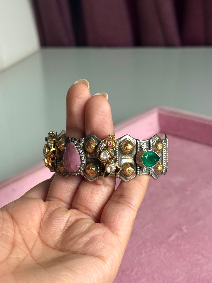 SHIVKA Fusion Moissanite 925 Silver Cuff Kada | Dual Tone Mesh Design | Openable | 49g