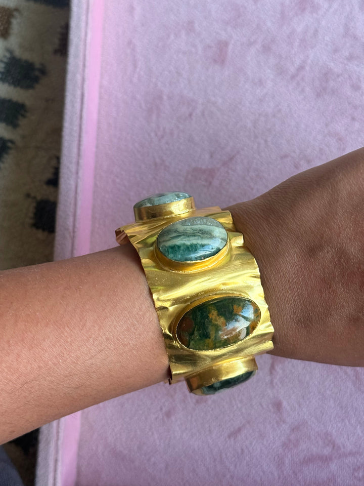 SHIVKA Designer Stone Brass Cuff | Adjustable Open Bracelet | Statement Festive Wear | 46g
