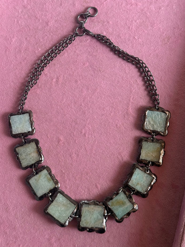 Handmade Raw Amazonite Rhodium Plated Necklace | Adjustable Lobster Claw Brass Statement Jewelry
