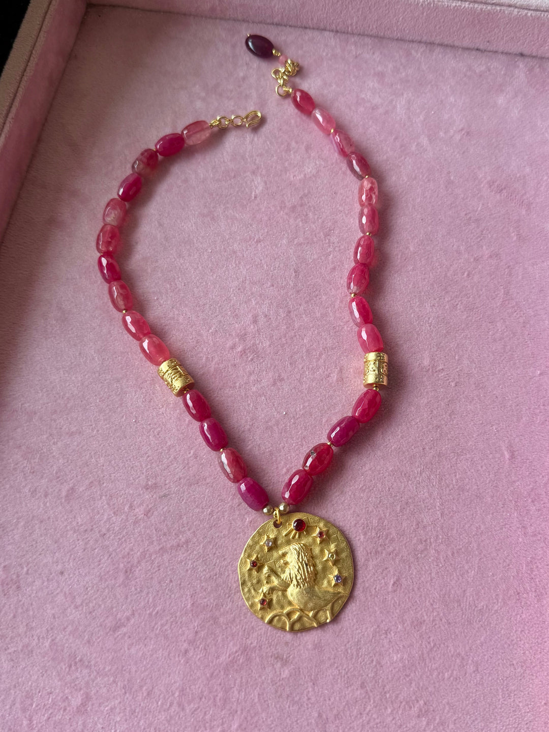 Handmade Leo Pendant Necklace with Natural Aventurine | Gold Polish Brass Short Statement Necklace