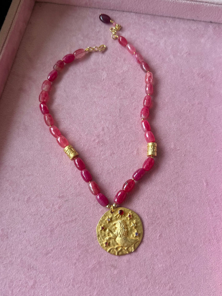 Handmade Leo Pendant Necklace with Natural Aventurine | Gold Polish Brass Short Statement Necklace