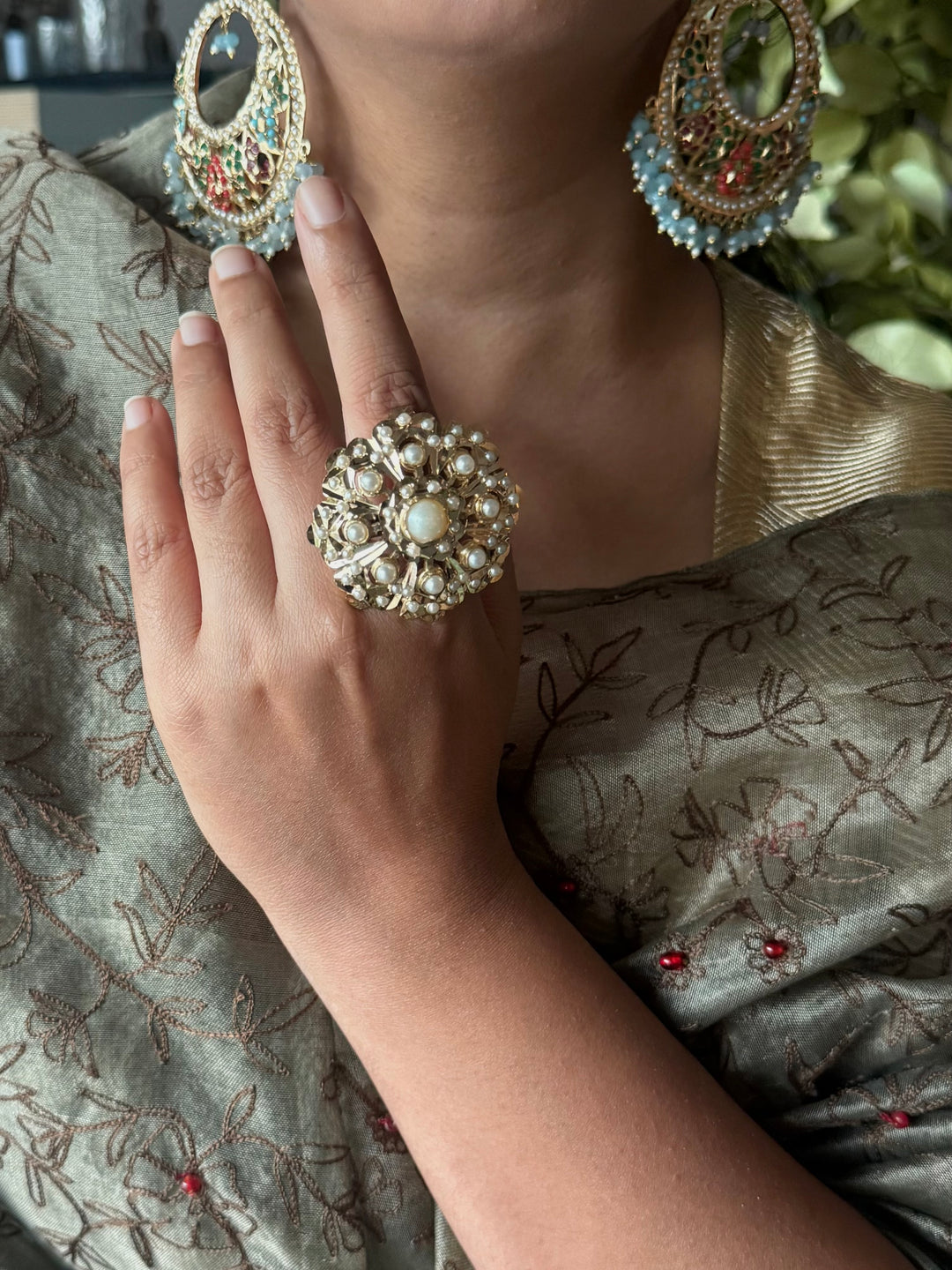 Statement Pearl Jadau Ring | 18k Gold Plated | Copper & Semi-Precious Stones