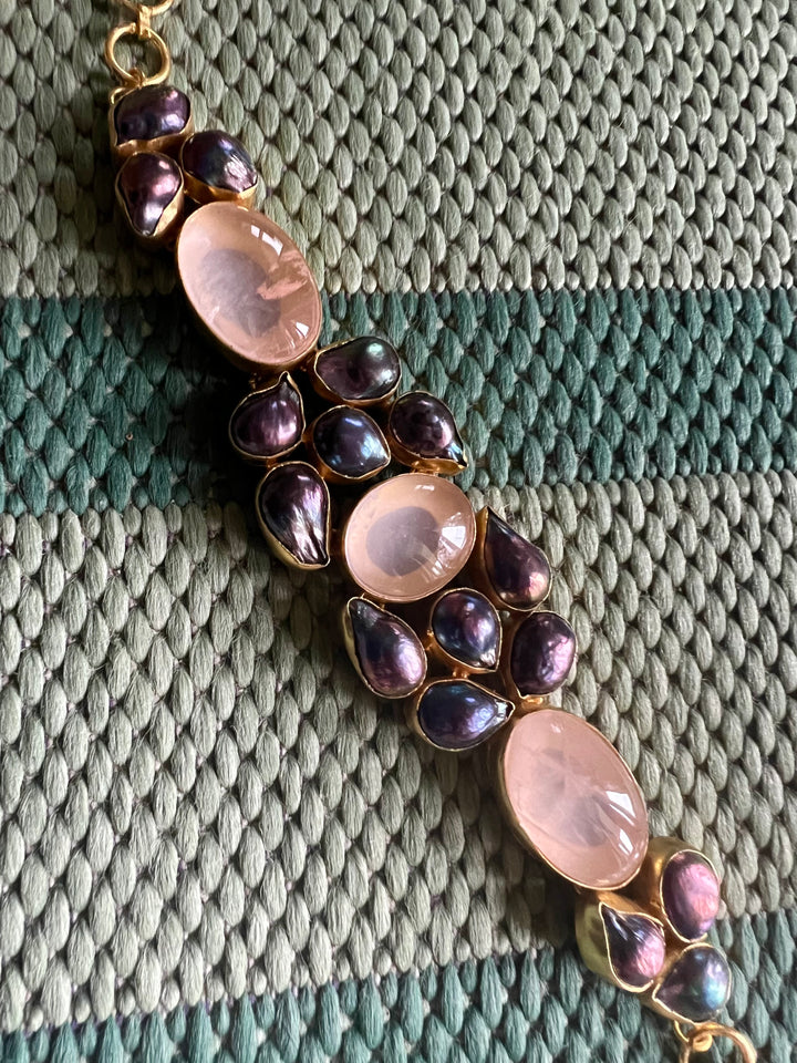 Pink Quartz and Black Baroque Pearl Choker Necklace