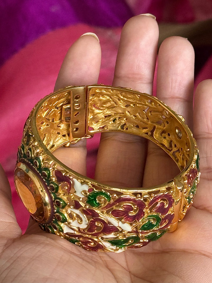 SHIVKA 925 Silver Meenakari Kada | Natural Topaz Stone | Gold Plated | Openable | 60g