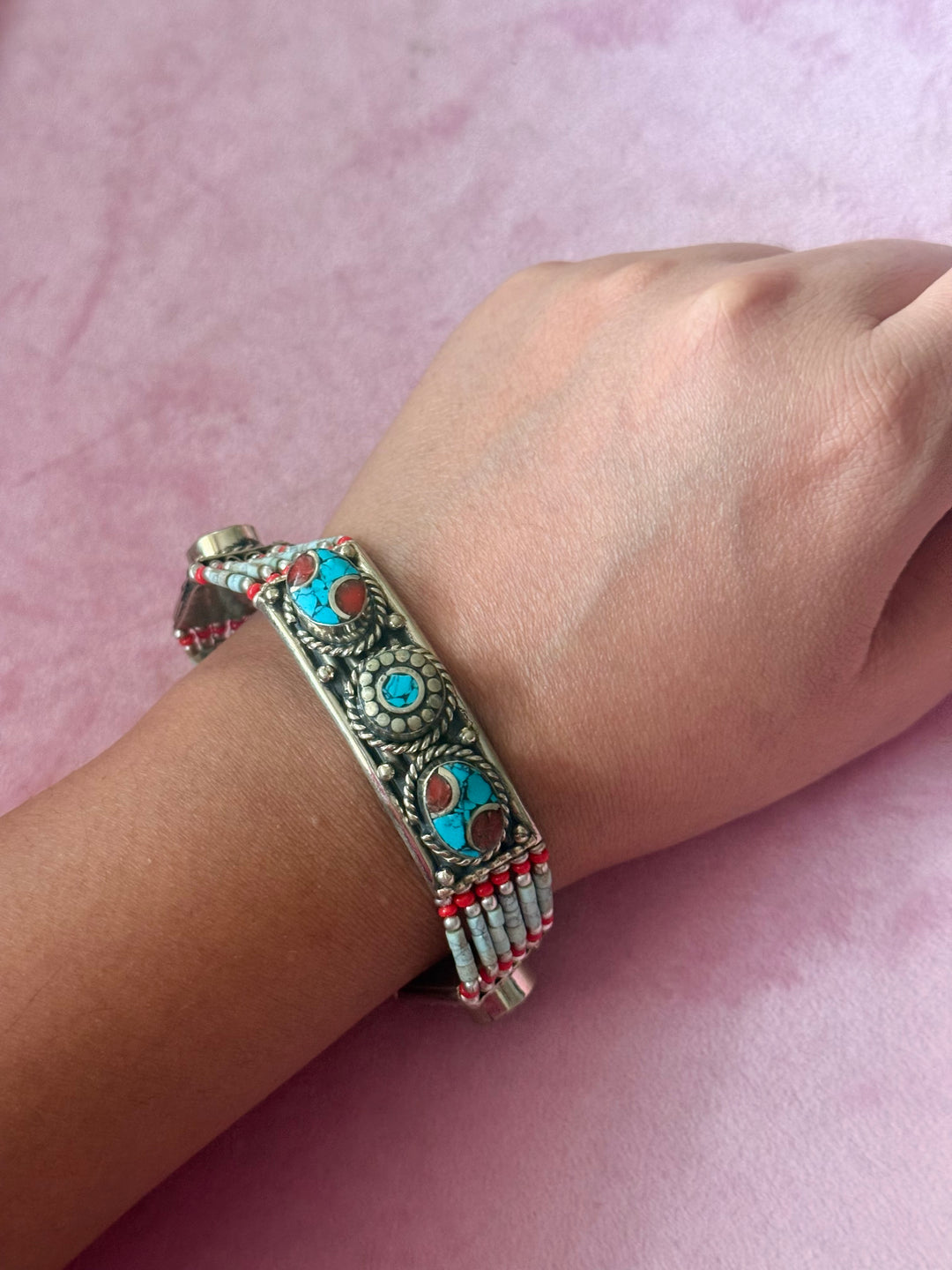 Handcrafted Turquoise and Coral German Silver Bracelet, Indian Jewelry