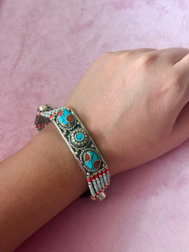 Handcrafted Turquoise and Coral German Silver Bracelet, Indian Jewelry