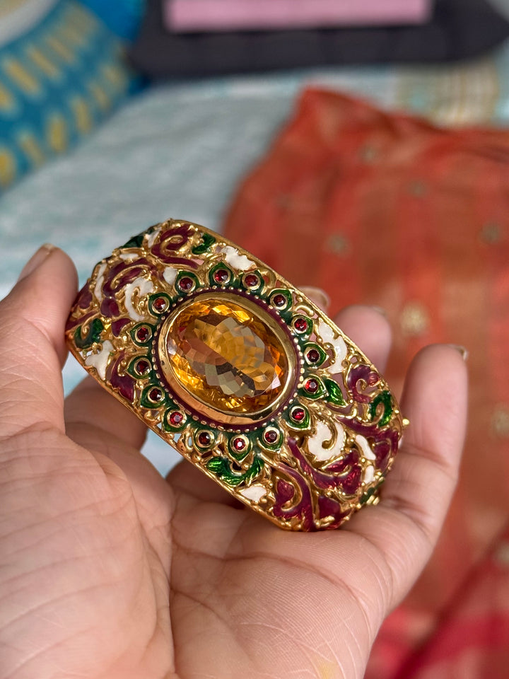 SHIVKA 925 Silver Meenakari Kada | Natural Topaz Stone | Gold Plated | Openable | 60g