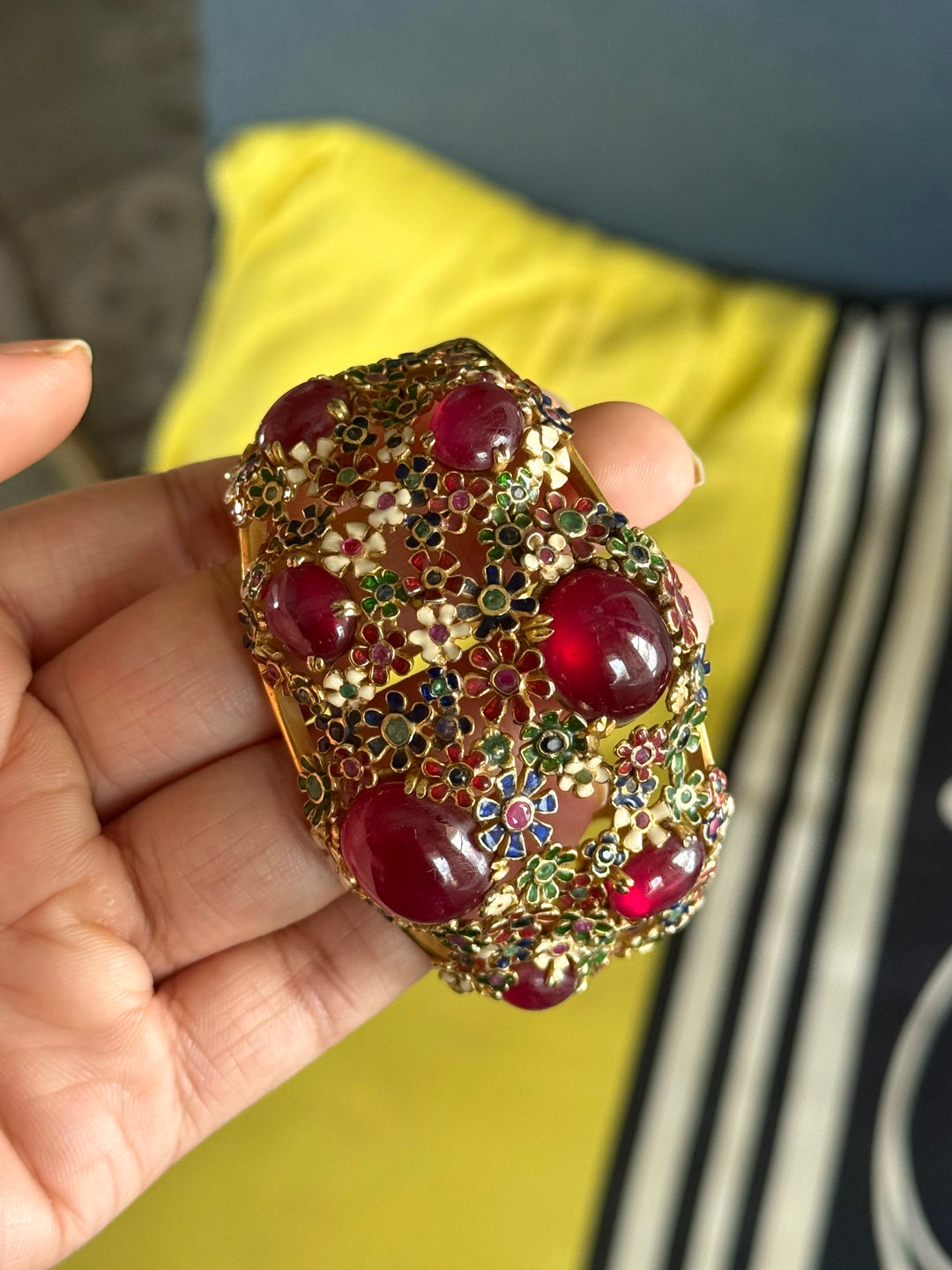 925 Silver Meenakari Ruby Kada by SHIVKA, Gold Plated Bikaner Artisanal Floral Openable Bangle