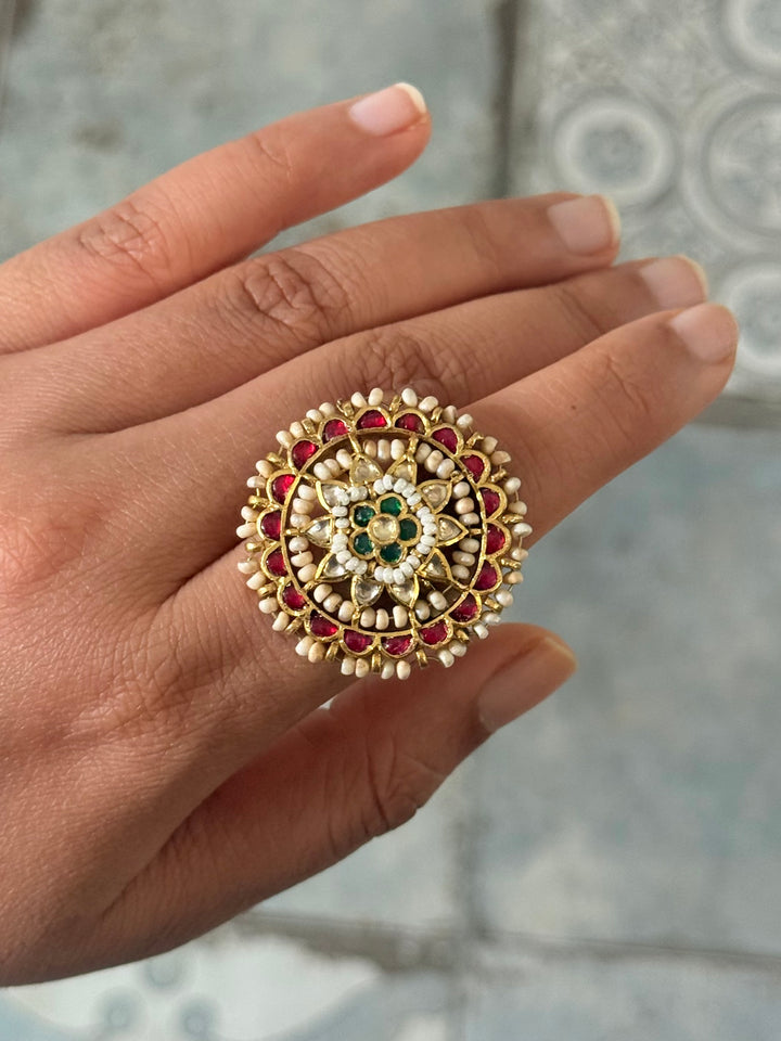 925 Silver Jadtar Gold Handmade Ring | Adjustable | SHIVKA
