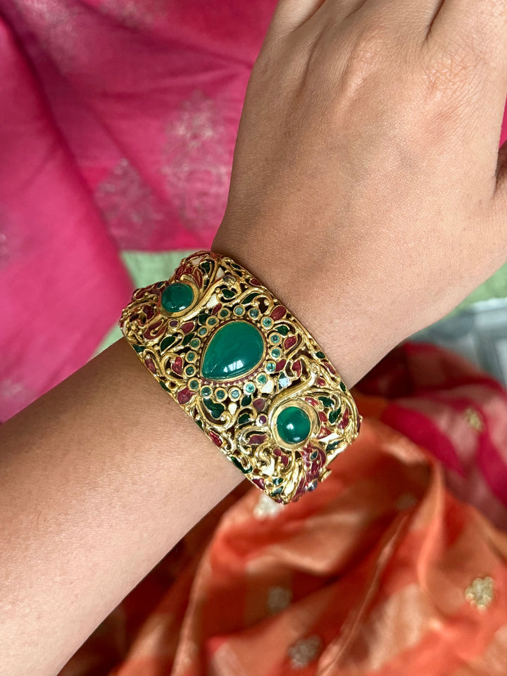 925 Silver Green Onyx Kada by SHIVKA, Gold Plated Bikaner Artisanal Enamel Bangle